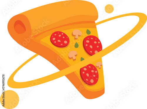 Cartoon illustration of a pepperoni pizza slice with mushrooms and herbs, orbiting in space with planets