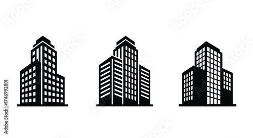 Simple black and white illustration depicting three modern city skyscrapers