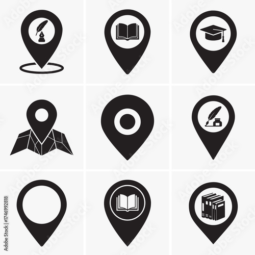 Collection of black map marker icons showcasing education, writing, reading, and navigation location