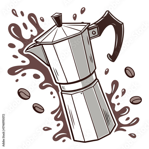 Vector art of moka pot with coffee splash