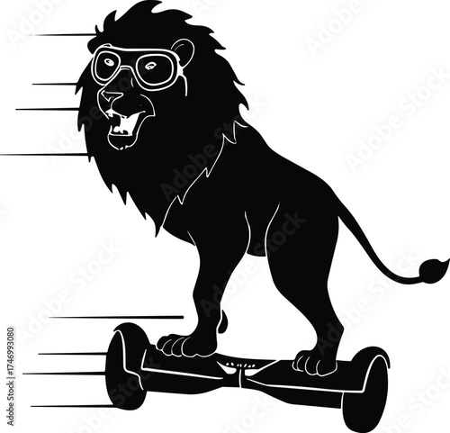 Stylized lion silhouette wearing glasses riding hoverboard, whimsical fantasy illustration, symbolic animal artwork, modern technology concept, humorous creative design