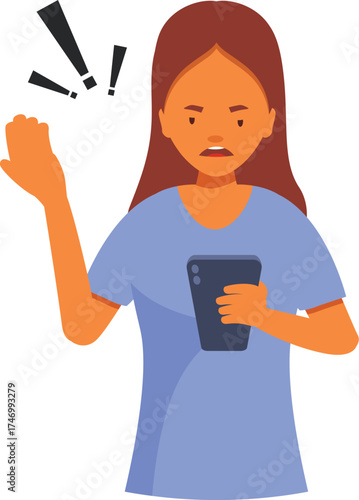 Young woman raising hand and holding smartphone with exclamatory marks, expressing anger and frustration