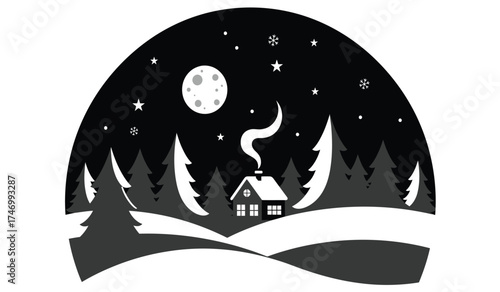 Cozy winter cabin under a starry night sky with snow covered hills and evergreen trees a classic serene landscape scene isolated on white background