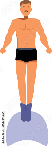 Muscular male diver standing on springboard, preparing for jump, diving competition, water sports concept