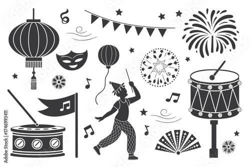 Carnival Celebration Silhouette Icons with Balloon and Fan