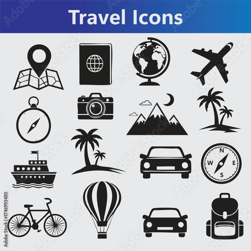 Collection of Travel and Tourism Icons Depicting Essential Elements for Exploration and Adventure Planning and Pictorial Travel Related Symbols