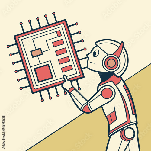 Vector art of robot holding microchip doodle