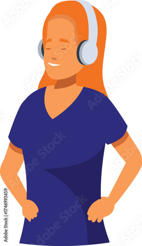 Redhead girl wearing over ear headphones enjoying music, podcast or audiobook, modern wireless headphones concept