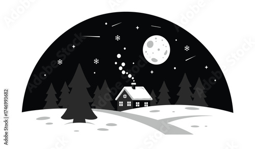 Enchanting winter night scene with cozy cabin under full moon and starry sky snow covered landscape peaceful ambiance isolated on white background