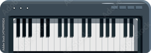 Electronic piano keyboard synthesizer presenting musical instrument potential for music production, composition, and performance