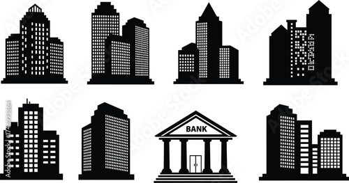 Black and white silhouette illustration of a city skyline with buildings