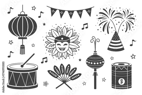 Festive Silhouette Icons For Celebration And Carnival