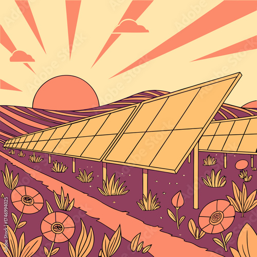 Vector art of solar panels on a field with sunset in the sky