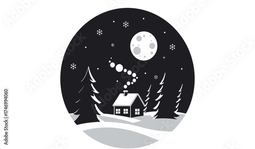 Cozy winter cabin scene under a full moon with snow falling amidst pine trees and gentle snowdrifts isolated on white background