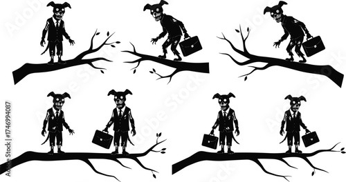 Surreal humanoid dog‑eared silhouette figures in suits with briefcases, standing on eerie tree branches, fantasy symbolic business illustration design