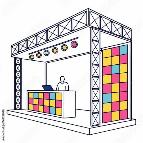 Vector art of stage illustration with a dj and colorful panels