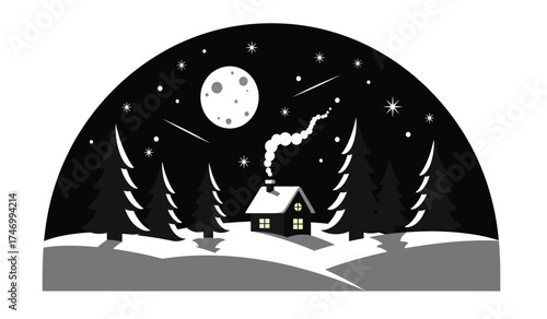 Enchanting winter night scene with cozy cabin under a starry sky and full moon snowfall and trees isolated on white background
