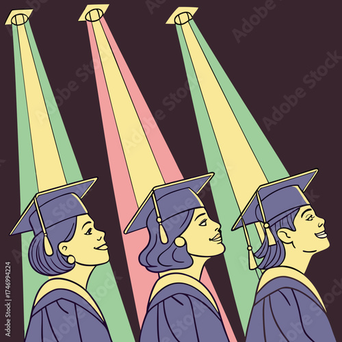 Vector art of three graduates stand in the spotlight of success