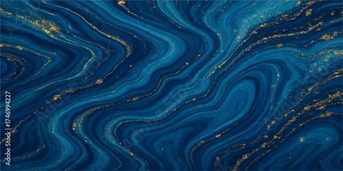 Abstract blue and red liquid art texture pattern with flowing silver waves design
