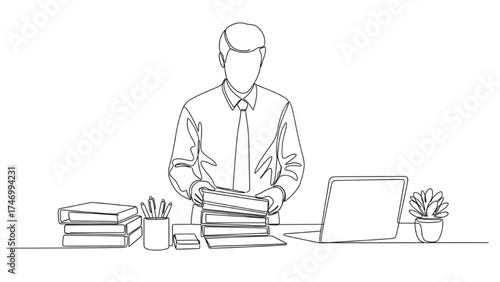 High-Quality One-Line Drawing of Employee Organizing Files and Stationery on Desk, Tidy Office Setup with Elegant Minimalist Strokes
