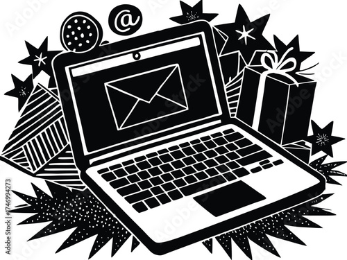 Vector art of laptop surrounded by gifts and decorations