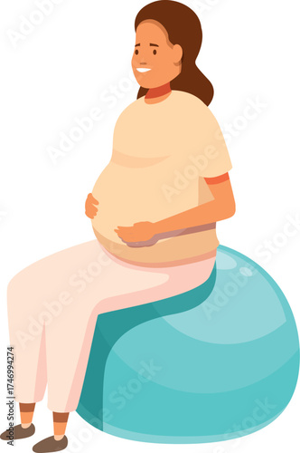 Pregnant woman sitting on a fitness ball, touching her belly and smiling, promoting a healthy and active pregnancy