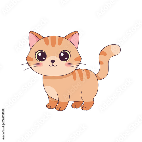 Adorable cartoon ginger tabby kitten with big innocent eyes and striped tail standing playfully on a white background