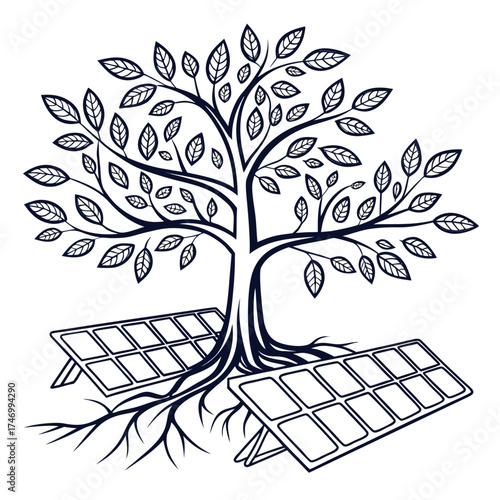 Vector art of tree and solar panel illustration on