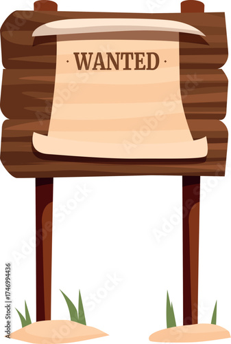 Blank wanted poster template hanging on wooden signpost in cartoon wild west style