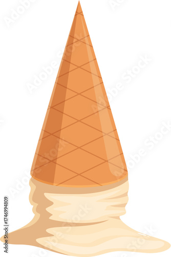 Creamy ice cream melting and dripping from its cone on a hot summer day