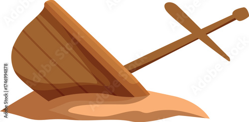 Wooden shipwreck lying on the sand of a desert island with its anchor