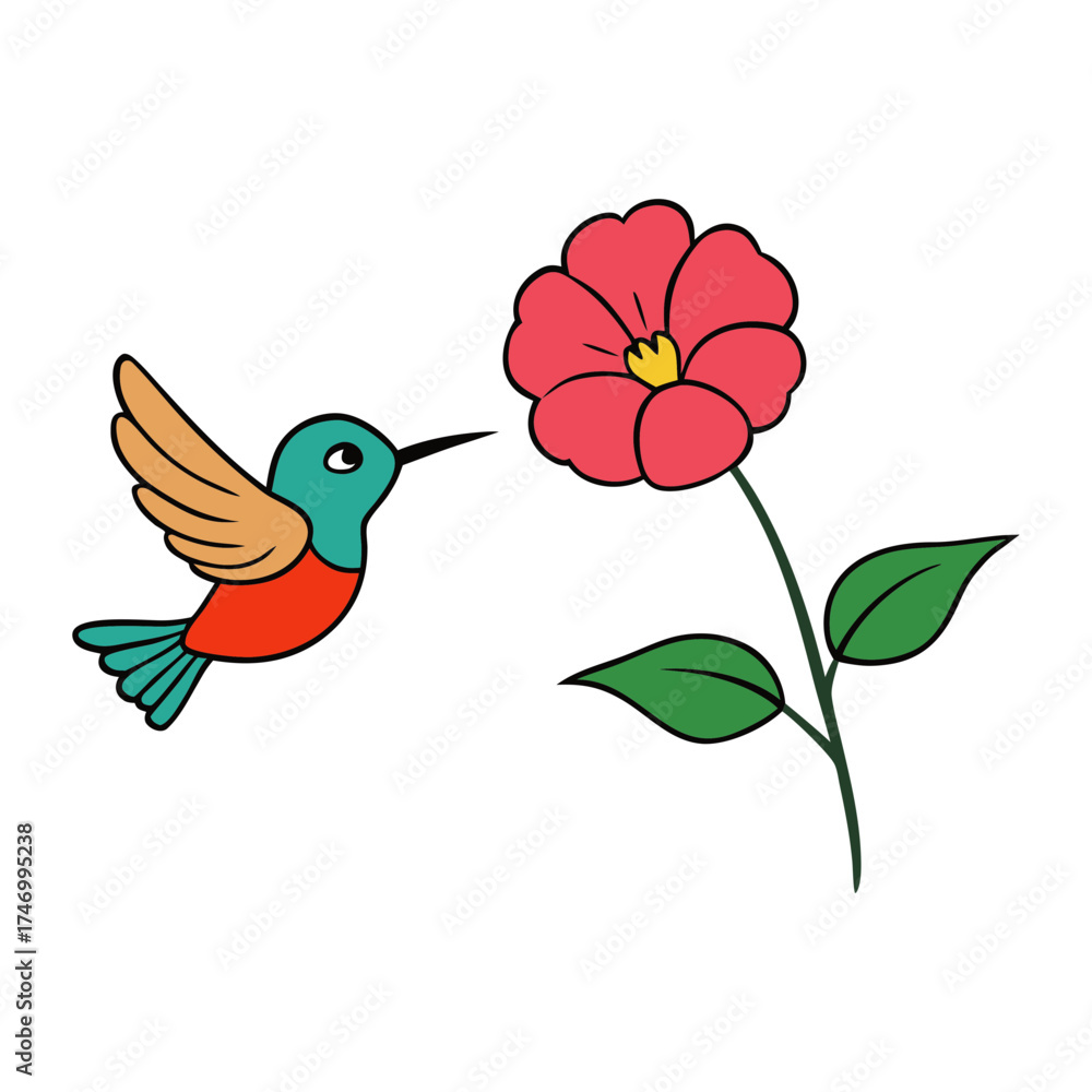 Fototapeta premium baby hummingbird flying near giant flowers vector art illustration.