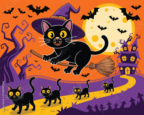 Whimsical Halloween Scene with Black Cats and a Flying Witch on a Broomstick