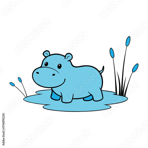 baby hippo splashing in shallow water with reeds vector illustration.