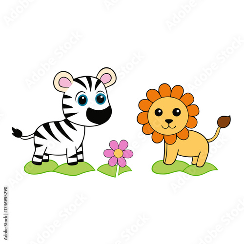 baby lion and baby zebra sharing a flower vector art illustration.