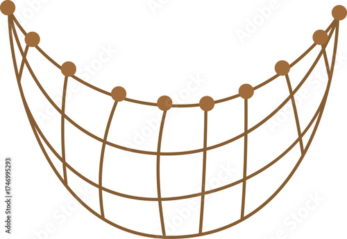 Brown fishing net hanging, waiting to be cast and catch fish, isolated on white background