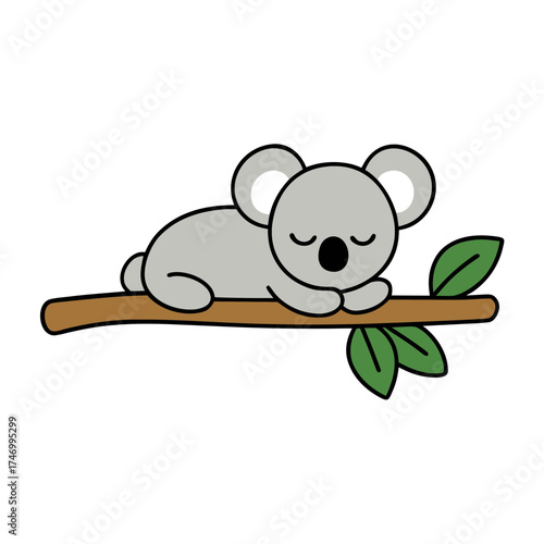 baby koala sleeping on a eucalyptus branch vector art illustration.