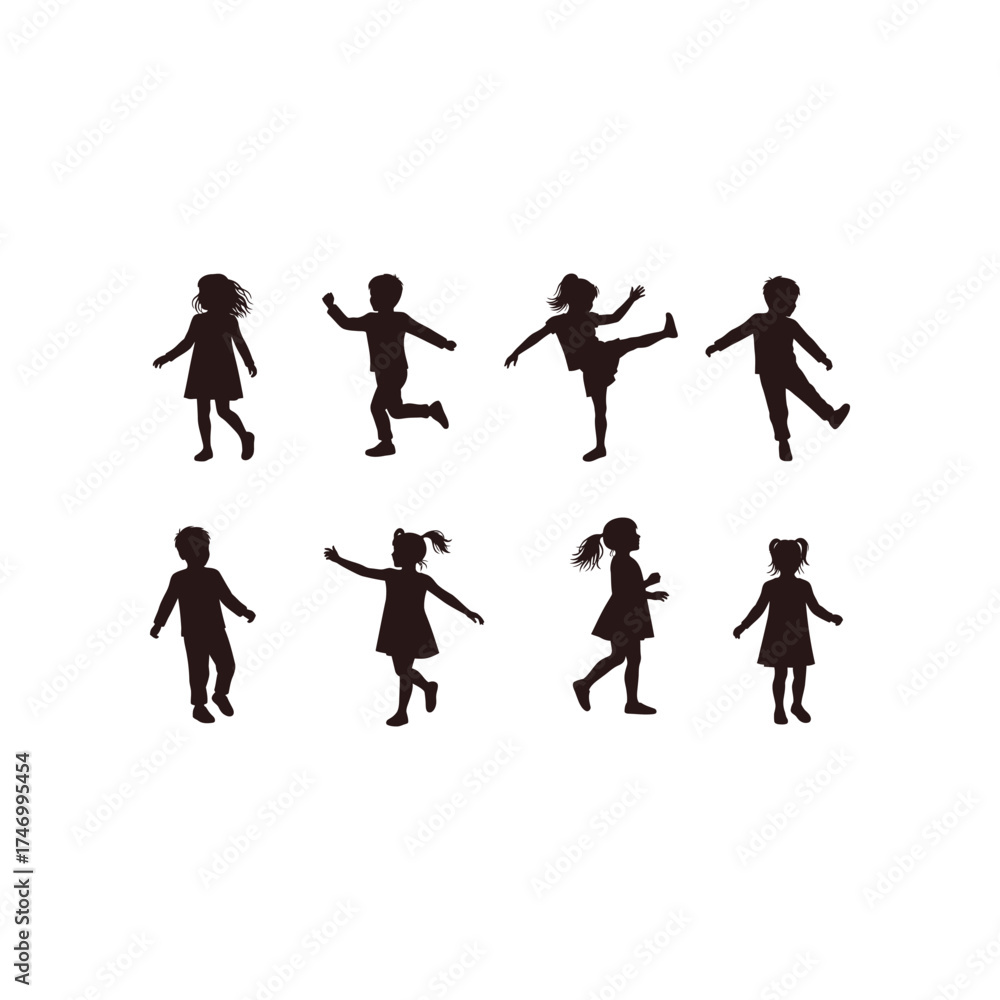 Obraz premium Collection of eight diverse black silhouettes of young children in various active playful poses on a white background