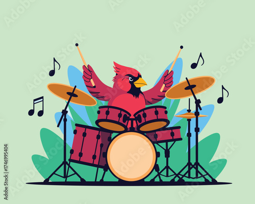 Charming Cardinal Drummer Beats Rhythms with Musical Notes and Lush Foliage