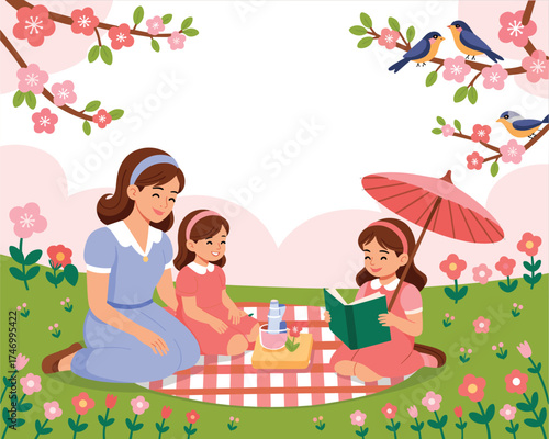 A mother and her daughters enjoying a picnic under blooming cherry trees on a sunny day