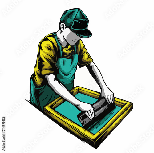 Silk Screen Printing Worker – Premium Vector Illustration