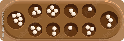 Wooden mancala board game with white playing pieces mid game, showing gameplay in progress