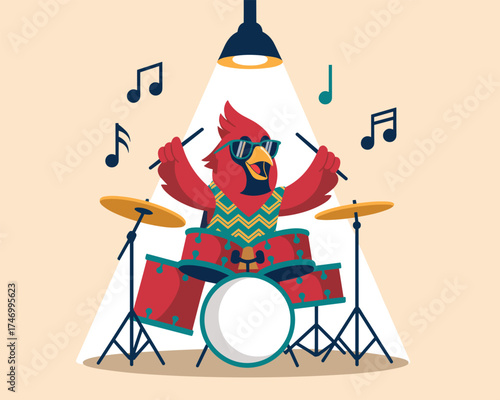 Red Cardinal Bird Playing Drum Set Under Spotlight with Musical Notes