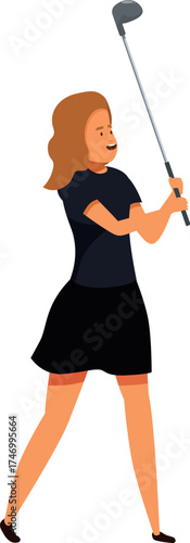 Professional woman golfer concentrating, swinging her golf club, hitting the ball on a green golf course, during a tournament