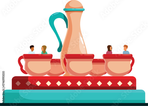 Carousel teacup ride spinning with people enjoying at amusement park