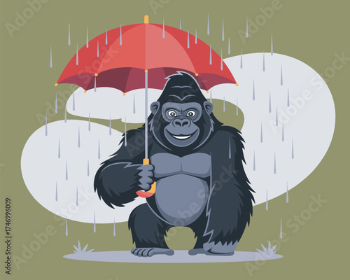 A Happy Gorilla Holding a Red Umbrella in the Rain Vector Illustration