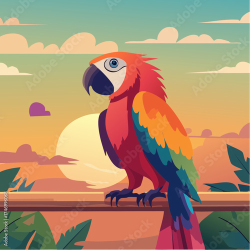 Colorful macaw parrot perched on branch at sunset