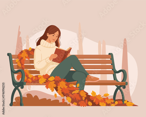 Autumnal scene of a young woman engrossed in a book on a park bench surrounded by leaves