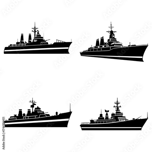 Four black silhouette naval ships in various designs on a white background with detailed structures