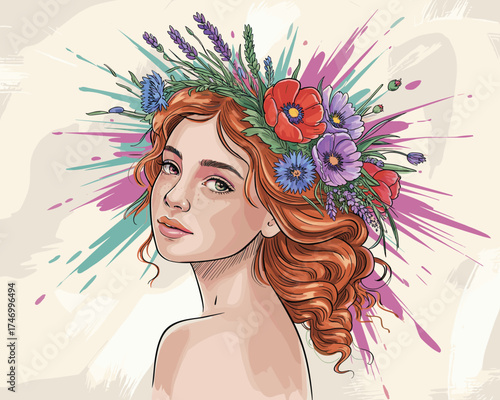 Beautiful Woman with Flower Crown and Vibrant Splashes of Color